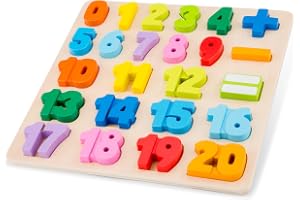 Woet Sifferpussel i trä 0–20 med räknesymboler, 24 delar | Räkneleksak, Sifferigenkänning 0–20, Symboler för addition och sub