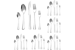 EULERYOO Zestaw sztućców dla 6 osób, 30-częściowy zestaw sztućców ze stali nierdzewnej, zestaw sztućców z nożem, widelcem, łyżką, stal nierdzewna, można myć w zmywarce, polerowane na połysk