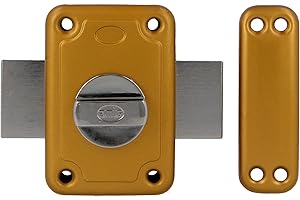 Amig - Cerradura de Sobreponer con Palanca de Cierre y Muletilla Interior para Puertas de Madera Mod. 80-96 x 66 mm - Pestillo Con Cilindro Redondo de Seguridad - Acero Esmaltado Oro