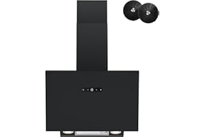 FIREGAS Dunstabzugshaube 60 cm mit Bürstenloser Motor, Schwarz Glas, 571m³/h Luftstrom, TouchControl, 9 Stufen, Umluft & Abluft, mit Gasdruckfeder, Kopffreie Wandhaube, Schwarz