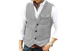 Solovedress Mens Vintage Wool 3 Real Pockets Suit Vest V Neck Tweed Waistcoat for Wedding Groomsmen