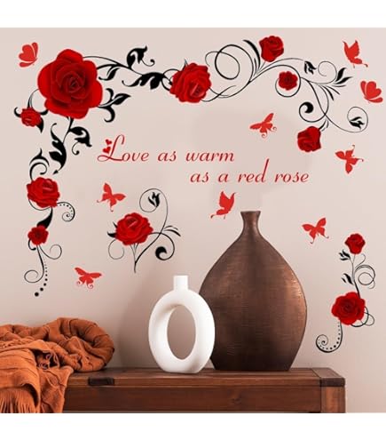 Wandsticker Rote Rose Mit Schmetterlingen – Abnehmbar, 74x58 Cm, Vinyl, Für DIY-Deko