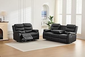GENERIC Venice Leather Electric Recliner Sofa 3+2 Seater Set With Cup Holders - USB Charging Ports - 3 and 2 Seater Leather Sofa (Black, 3+2 Seater)