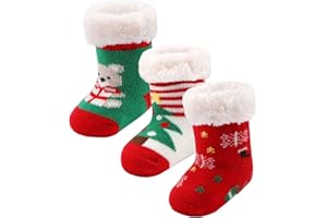 WOBON 3 Pairs Toddler Girl Boy Sherpa-lined Fuzzy Socks Anti Skid with Grips, Baby Girl Boy Christmas Socks Kids Slipper Socks