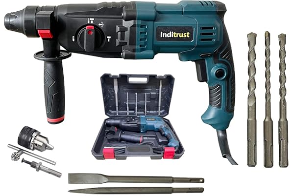 Inditrust 1350W 26mm reversible rotary hammer drill with 13mm drill chuck, SDS drill bits and chisels (Blue) 6 MONTHS WARRANTY 100% Copper Winding
