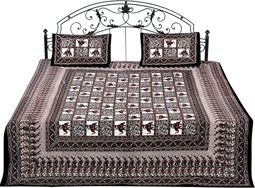 Exotic India Bedspread from Pilkhuwa with Printed Elephant Procession - Pure Cotton with Pillow Cove
