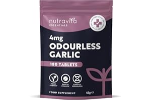 Odourless Garlic Tablets - High Strength Garlic Supplement - 180 Vegan Tablets (Alternative to Capsules) – 6 Month Supply - Easy to Swallow - Letterbox Friendly - Made in The UK by Nutravita