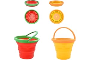 Coriver Seau de Plage Pliable, Lot de 2 Seaux de Camping Pliables Silicone avec Motif Fruits et Poignée, Plage Enfant pour Sandpit, Plein Air, Peche (1. Rouge + Orange)