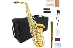 WUQIMUSC Altsaxophon Anfänger Kit für Erwachsene, Student Saxophon Eb, Professionelles Messingsaxophone Instrument mit Saxophonkoffer, Mundstück, Blättern, Handschuhen, Reinigungstuch & Bürste (Gold)