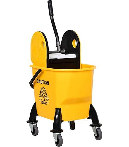 HOMCOM Huishoudelijke wagen Waswagen Professionele Schoonmaakwagen Kaakpers Emmer 26L Opbergmand Afmetingen 73L x 45B x 95H cm Geel