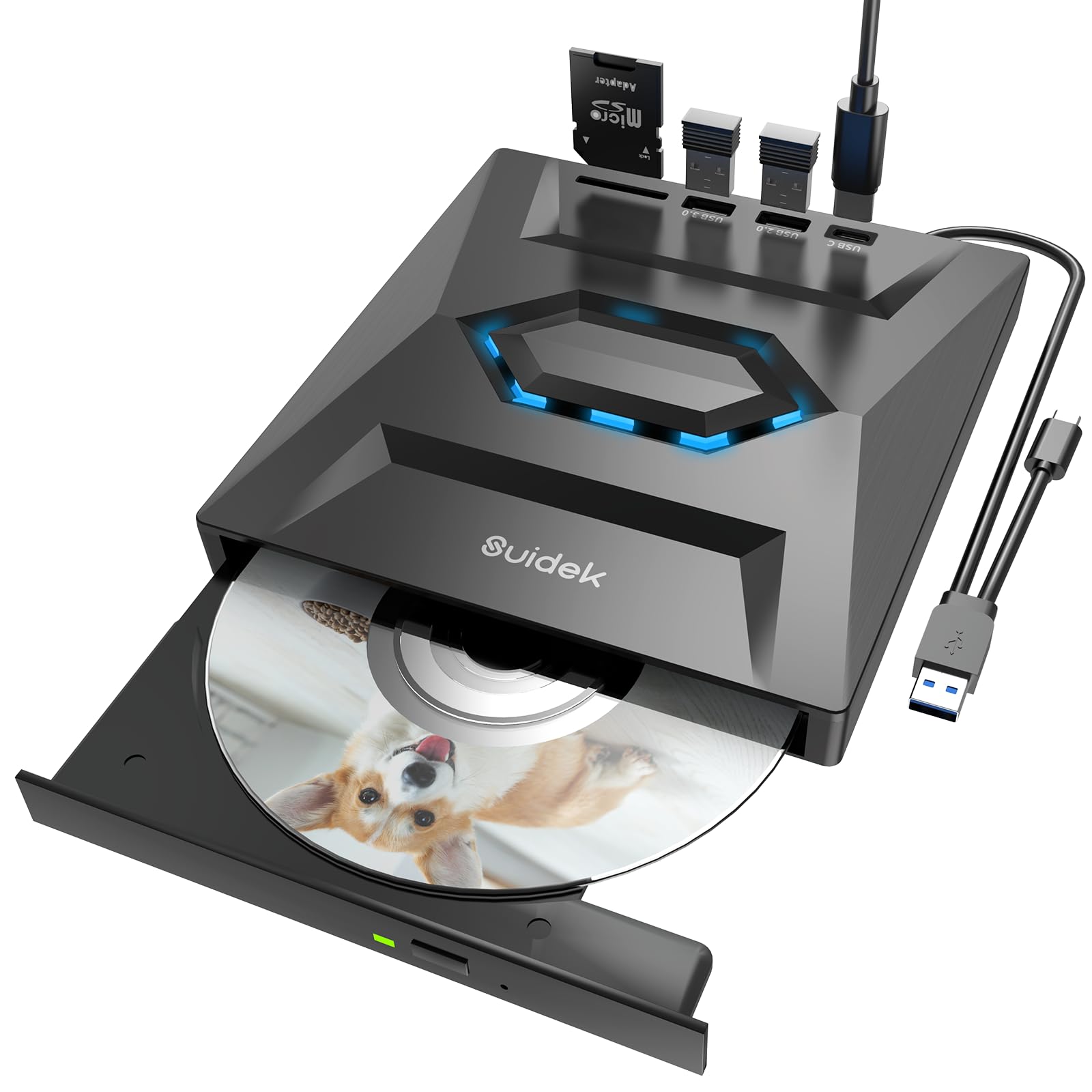 SUIDEK External CD DVD Drive, USB C Portable CD/DVD +/-RW Burner Player for Laptop With SD Card Reader, USB 3.0 Type C Hub Compatible With PC Windows Linux