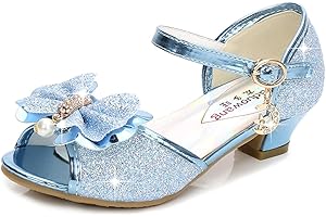 BININBOX Girls Crystal Sequin High Heel Sandals Open Low Top With Bow Mary Jane Princess Shoes