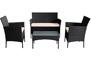 Buyer Empire 4 Piece Rattan Garden Furniture, Table and Chairs Garden Furniture Set, COMFORTABLE Sun Loungers Set with Glass Table and Cushions Garden, Outdoor/Indoor, Pool Side, Balcony (Black)