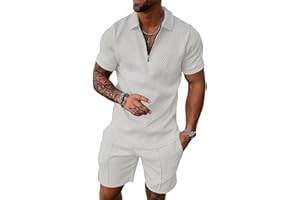 Hoefirm Tuta da uomo polo a maniche corte con zip joggers palestra top casual running sport sudore activewear 2 pezzi pantaloni tuta