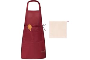 Viedouce Tabliers de Cuisine Etanche,Tablier Réglable avec Poches pour Cuisine Familial,Restaurant,Jardin,Barbecue,école,Café,Tablier pour Chef,Boulanger,Serveurs(1x Rouge Tablier + 1 x Torchon)