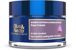 Blue Nectar Men Face Cream, Natural Skin Brightening Cream, Anti Aging Face Cream for Men with Sandalwood, Saffron and Almond Oil (14 Herbs, 50g)