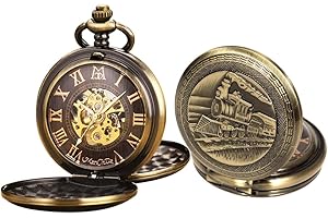 ManChDa Reloj de bolsillo para hombre, reloj de bolsillo negro Dream Dragon, mecánico, doble cazador, esfera de Burlywood, números romanos, reloj de bolsillo con cadenas dobles