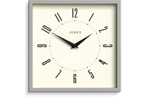 Jones Clocks® Box retro zegar ścienny z tarczą - kwadratowy zegar - zegar kuchenny - zegar biurowy - zegar retro - designerski zegar - kolorowa obudowa - arabska tarcza z cyframi (Szary)