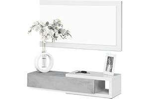 Habitdesign 0L6743A – Mobile da Ingresso con cassetto e Specchio, mobili d'ingresso Modello Noon, Bianco Artik e Grigio Cemento, Misure: 95 cm (Larghezza) x 19 cm (Altezza) x 26 cm (profondità)