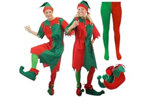 I LOVE FANCY DRESS Adults Elf Costume - Red & Green Tunic + Matching Hat, Shoes & Tights - Unisex Elf Christmas Fancy Dress Costume