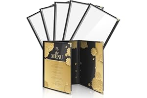 Flexzion Menu Holder 8.5" x 11" - Triple Stitched Menu Covers with Clear PVC, Black Binding & Gold Corners, Trifold 3 Pages 6 Views Menu Book for Restaurant, Cafe, Bar, & Catering Hall (6 Pack)