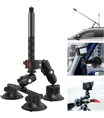 Kit Support Voiture Triple Ventouse + Rallonge 2en1 Poteau/perche Selfie – Noir