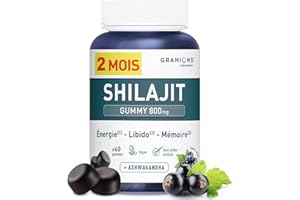 GRANIONS SHILAJIT GUMMIES 2 MOIS | Shilajit Himalaya 800 mg + Ashwagandha + Acide Fulvique | Zinc, Vitamine B12 & B6 - Testosterone Homme Libido - Boost metabolisme - VEGAN - Cassis - 60 Gummies