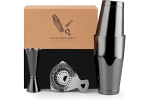 Jettory Boston Shaker Set - 4-Piece Cocktail Shaker Kit with 18/28 oz Boston Shaker Stainless Steel, Bar Strainer and Measuring Cup, in a Stylish Gift Box - Ideal for Home Bar Use (Black).