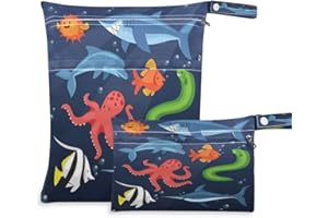 JUMBEAR Cartoon Animal Shark Octopus Whale Wet Dry Bags Sets Waterproof Reusable Travel Beach Baby Cloth Diaper Wet Dry Bags Organizer with Two Zippered Pockets for Swimsuit and Gym 2PCS…