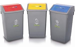 Addis Set of 3 Recycling 60 Litre Waste Utility Office Business Commercial Bins with Colour Coded Swing Lids, Grey with Red, Blue & Yellow, 3 x 60