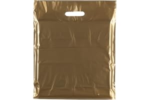 COMPLETESHOPFITTINGS 100x Plain Gold 15"X18"+3(38.1cm x 45.72cm) Plastic Carrier Bags - Modern Printed Strong Gift Shopping Bags