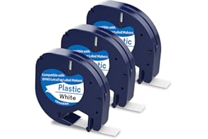 PROFICETIK 3 X 91201 Plastic Label Tape Compatible with Dymo Letratag Tape for Dymo Letra Tag LT-100H 100T QX50 Label Maker, 12mm x 4m Black on White