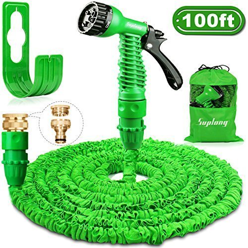 Suplong Jardín manguera de agua pipe100ft verde ampliable Magic manguera evitar fugas Stretch manguera con 7 funciones Spray/latón grifo adaptador/bolsa de almacenamiento/colgador de manguera