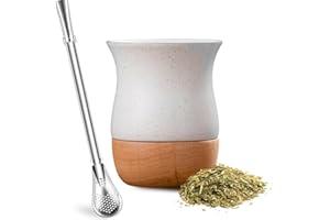YAYA MARKET Set Mate de Cerámica y Madera 240 ml – Incluye mate Premium, Bombilla de Acero y Cepillo de Limpieza – Ideal para Preparar Yerba mate con Estilo Moderno y Tradicional