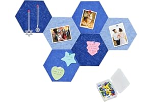 Vuzvuv 6 Pcs Blue Hexagon Cork Board Bar Strips with 50 Pushpins & Sticky Notes, Self-Adhesive Bulletin Board Strips No Damage for Wall, Felt Pin Board for Paste Notes, Photos, Schedules Offices Home.