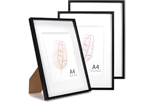 KAIWIN Bilderrahmen A4 Schwarz Holz Fotorahmen 3er Set Holzrrahmen mit Passepartout zum aufhängen und aufstellen Benutzt für Wohnzimmer, Schlafzimmer, Arbeitszimmer, für Fotos, Kunstwerke und Poster