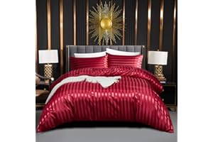 Luofanfei Bettwäsche Satin 200x220 cm Glänzend Seide Glatt Weinrote Bettwäsche Set Sommer Rot Einfarbig Luxus Glanzsatin Gestreifte Bettbezug Doppelbett Set 220x200 und Kissenbezüge 80x80 cm