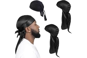 Leogony 3 PCS Long Tail Silk Du-Rag Mens Set for Hip-Hop Decoration (2 Silk & 1 Cotton)