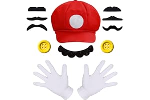iZoeL Mario Costume Luigi Costume Mario Hat Luigi Hat White Gloves Mustache Buttons for Mario Party Mario Character Mario Games Halloween Costume for Adult Man Women Boys Girls Kids
