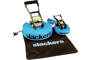 ‎SCHILDKRÖT Slackers USA Slackline Classic 15m, Set mit zusätzlicher Teaching Line, Handlauf zum leichten Erlernen, Ratschenschutz, Anleitung, Tasche, ideal für Kinder und Familie, 980010