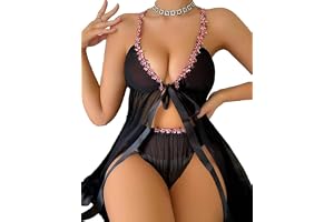 Sthxyfaith Lingerie for Women Front Open Babydoll Lace Chemise V Neck Mesh Sleepwear 2 Piece with Thong Set