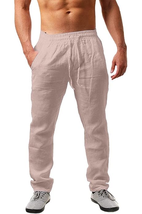 Pantalon De Détente Homme En Coton-lin - Imprimé Rayé, Taille élastique Avec Cordon - Coupe Ample Et Respirante