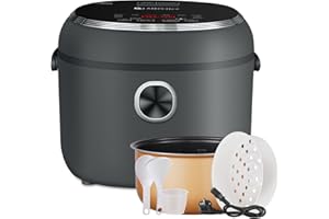 AMZCHEF Mini Cuociriso 4L Multicooker per 5 Persone, 8 Tazze (Crudo), Cuociriso 12-in-1 con Schermo Digitale, Timer 24H e Funzione Mantieni Caldo 12H, Manico di Trasporto, Cestello per Vapore, 860W