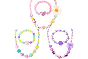 Pinkgarden Children's Jewellery Set, 3 Sets of Pearl Necklaces & Bracelets for Girls, Unicorn Gift Bags Included - Gift for Little Girls, Acrylic, Pearl