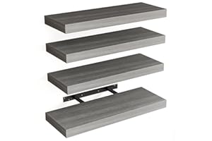 BAKAJI Set 4 Mensole da Parete in Legno Massiccio, Scaffali a Muro Multiuso con Staffe a Scomparsa in Metallo, Scaffalatura per Camera da Letto, Soggiorno, Cucina, Bagno, 40 x 14 x 3 cm (Grigio)