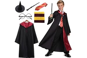 ZOYDP Zauberer Kostüm Kinder, 6PCS Harry Kostüm Kinder mit Magier Robe Magischer Hut Schal Zauberstab Brille, Umhang Kinder für Jungen Mädchen Karneval Cosplay Kostüme