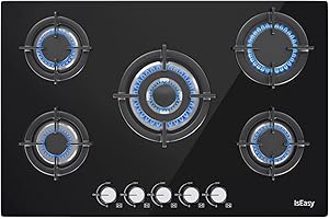 Gaskochfeld 5 Flammig, IsEasy Glas Gaskochfeld, Einbau Kochfeld Glas, 5 Zonen Gaskochfeld, Erdgas(20mbr)/Propangas(30/50mbr),