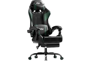 HLFURNIEU Silla Gaming Ergonómica, Silla Gamer con Reposapiés y Soporte Lumbar, Silla Ordenador con Spring Cushion, Sillon Gamer Altura Regulable, Respaldo Ajustable, Cadeira Gaming Negro y Verde