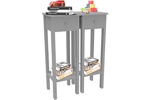 MAENGRE Gray Bedside Tables Set of 2 for Bedroom, Narrow Wooden Nightstand with Drawer & Shelf, Side Sofa Tables for Living Room, Tall Telephone Table Hallway Side Table, 25x25x70cm
