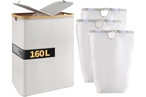 Hibisaws 160L Cesto Portabiancheria Sporca per Bagno, 2 Scomparti, Cesta Portabiancheria in Bamb¨² con Coperchio, Porta Biancheria Sporca con Manici,Cesto Panni Sporchi (Beige)